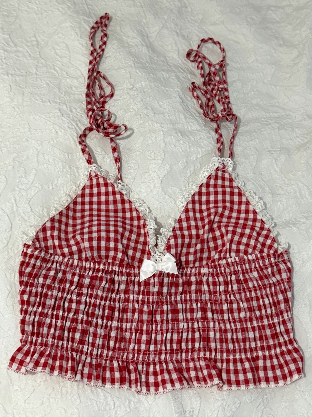 SHEIN Red & White Gingham Lace-Trim Crop Cami